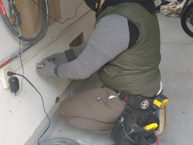 Electrician performing outlet wiring in a Lake Jackson garage